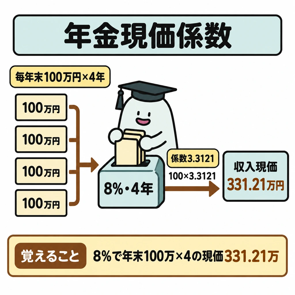 年金現価係数と各評価方法の図解。左に「毎年末100万円×4年」の収入を4枚のカードで縦に並べ、中央の「8%・4年」の換算器へ矢印でつなぐ。換算器から右の「収入現価331.21万円」へ矢印を伸ばし、係数3.3121を掛けた結果だと示す。