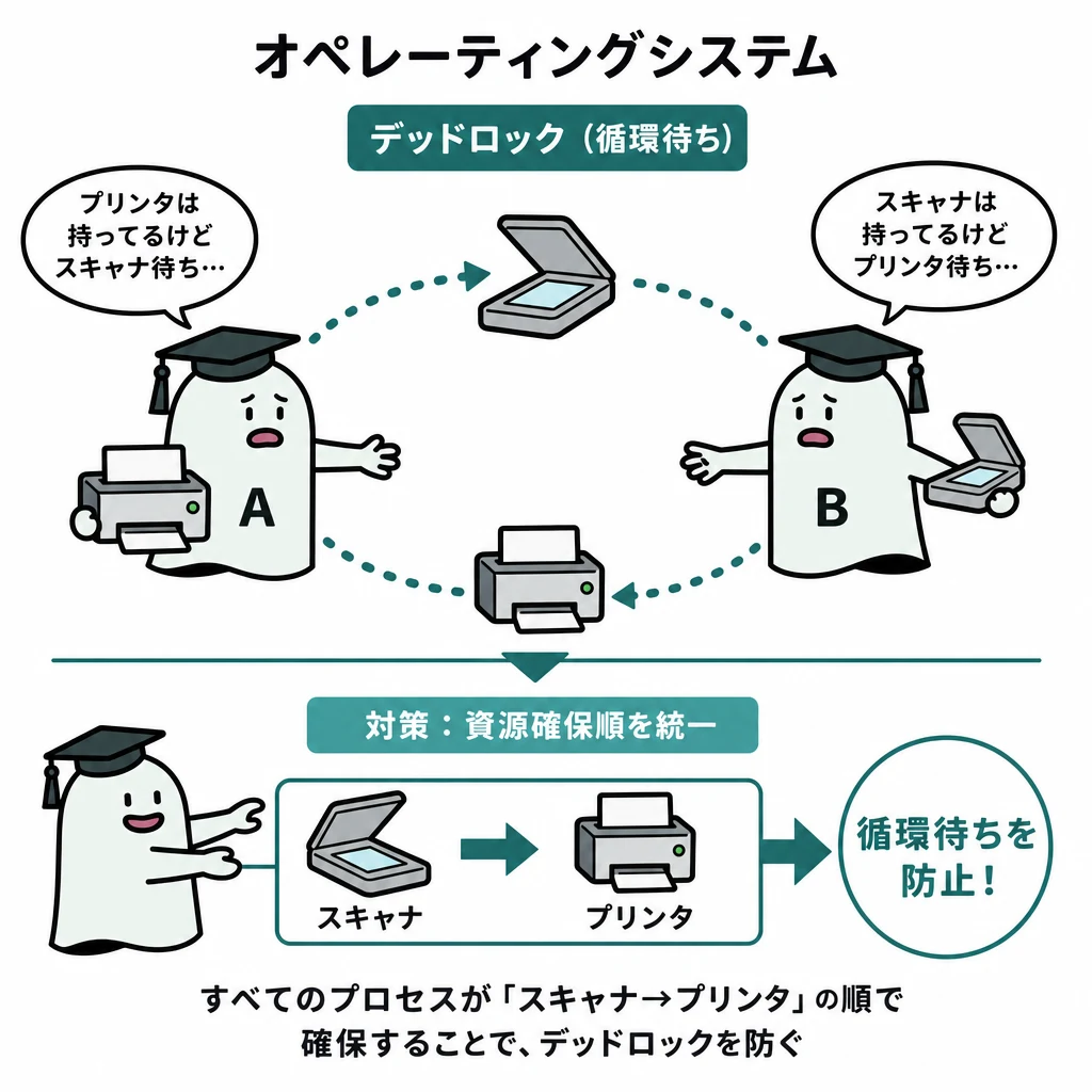 エルくんが説明する図解。A→スキャナ待ち/B→プリンタ待ちの輪と、資源確保順を統一する対策。