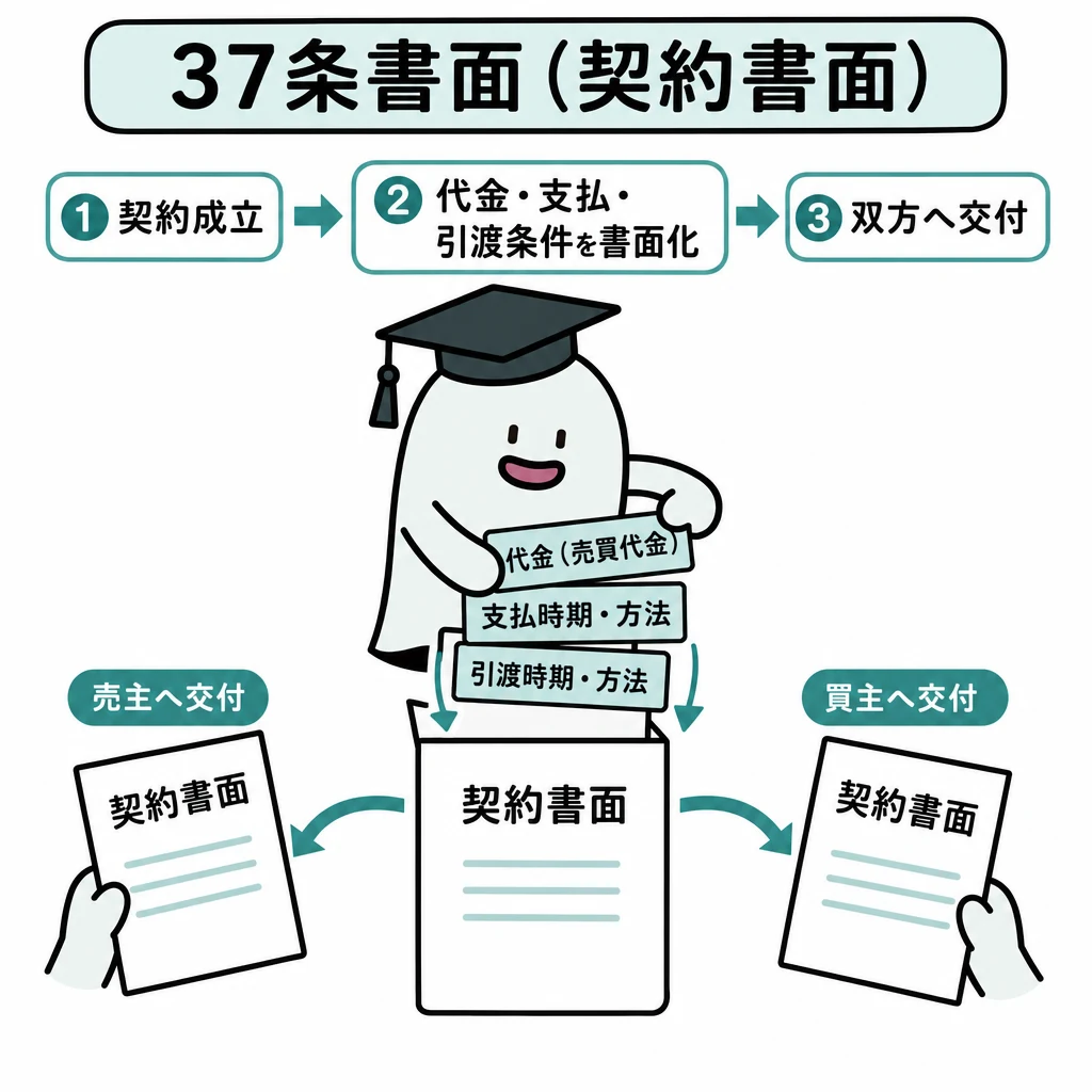 エルくんが説明する図解。契約成立→代金/支払/引渡条件を書面化→双方へ交付。
