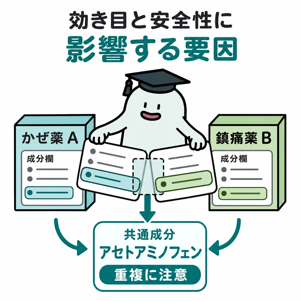 エルくんが説明する図解。かぜ薬A/鎮痛薬Bの両箱から共通成分へ矢印、重複を強調。