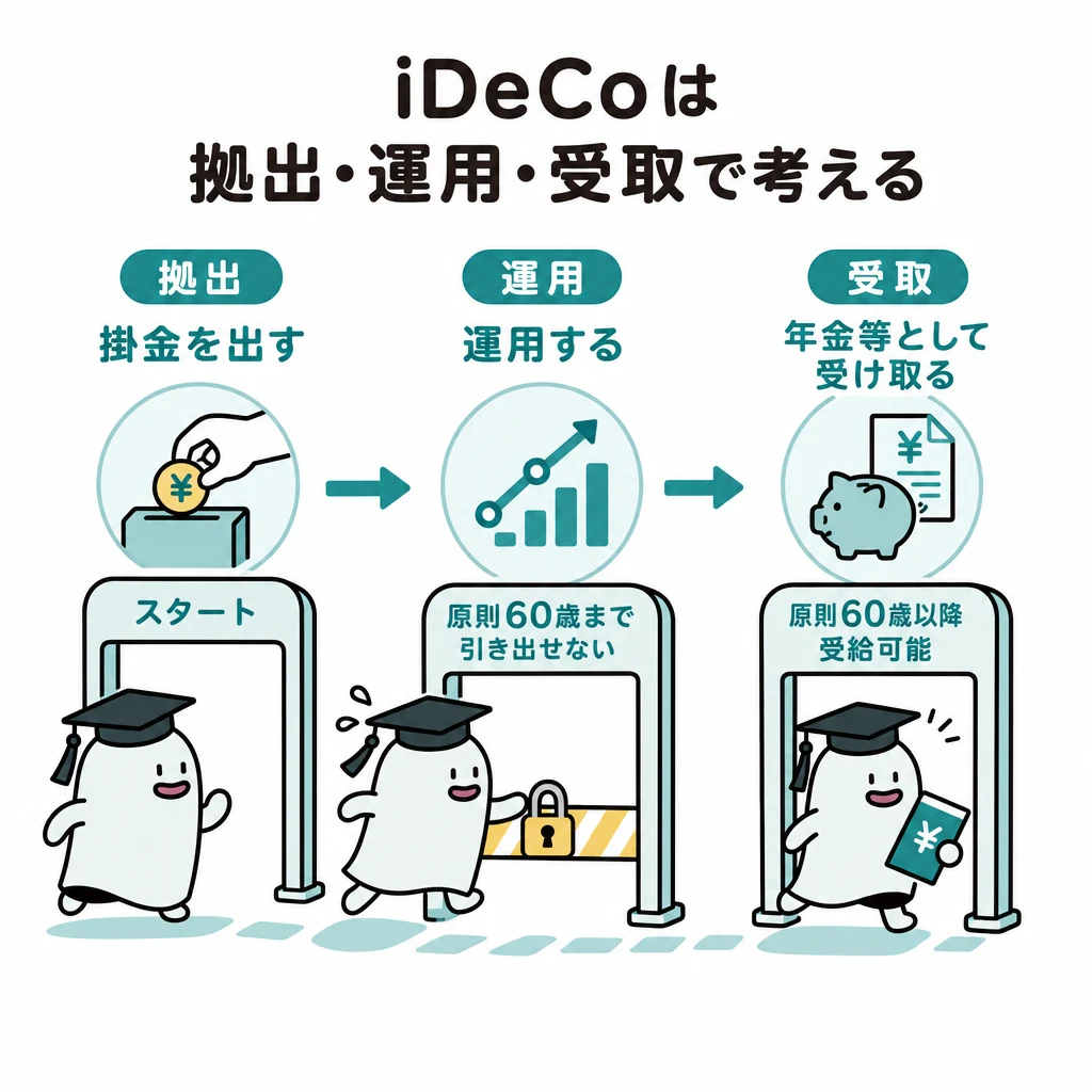 掛金を出す、運用する、年金等として受け取る三段階と引出時期の制約を示す図