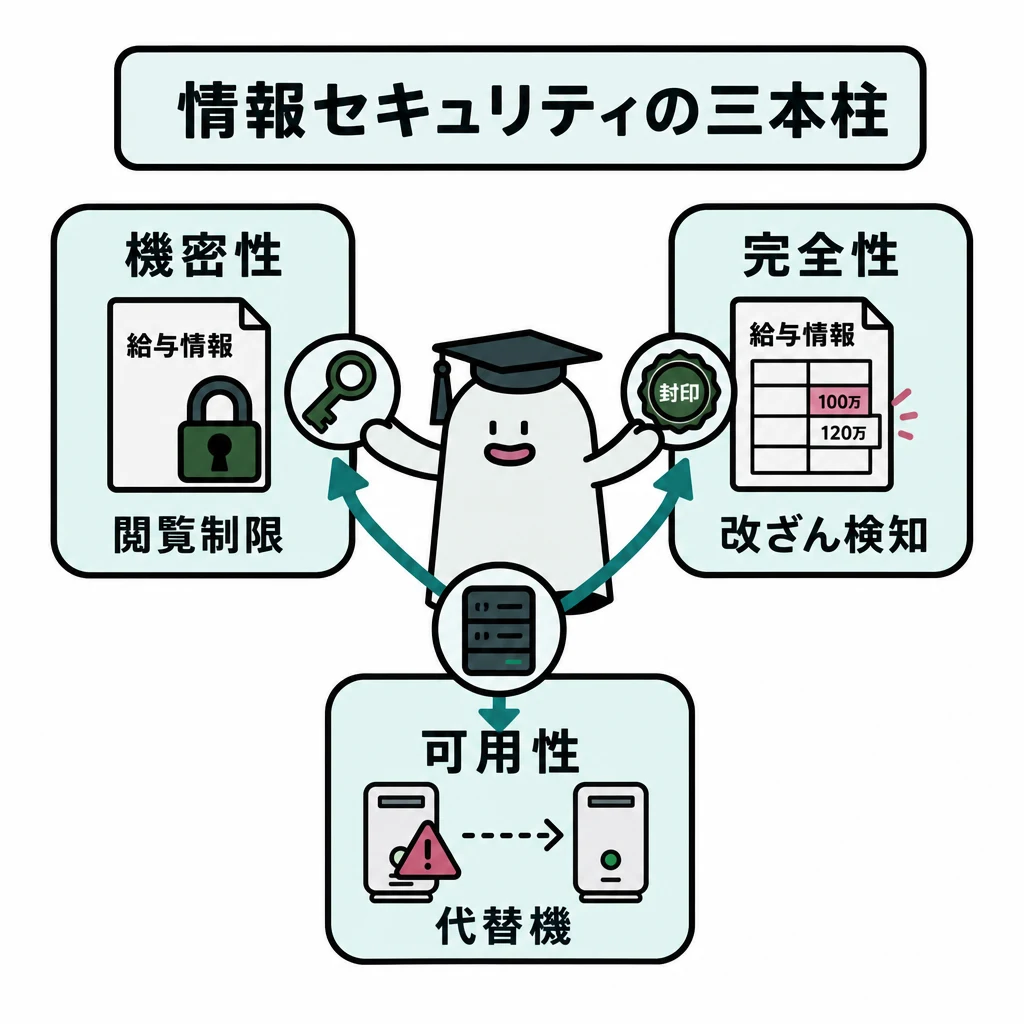 エルくんが説明する図解。閲覧制限・改ざん検知・代替機を機密性・完全性・可用性の三つへ対応。