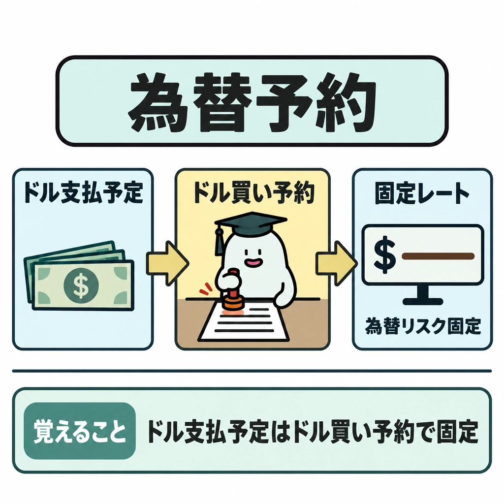先物・予約・スワップ・オプションの図解。左の「ドル支払予定」から中央の「ドル買い予約」へ、さらに右の「固定レート」へ矢印でつなぐ。下部を横線で区切り、「覚えること」を置く。