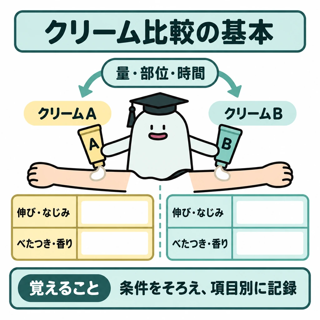 基本の仕組みの図解。中央の仕切りを挟んで左にクリームA、右にクリームBを置き、上部の共通条件から両側へ矢印を伸ばす。下部には、伸び・なじみ・べたつき・香りを項目別に記録する欄を並べる。