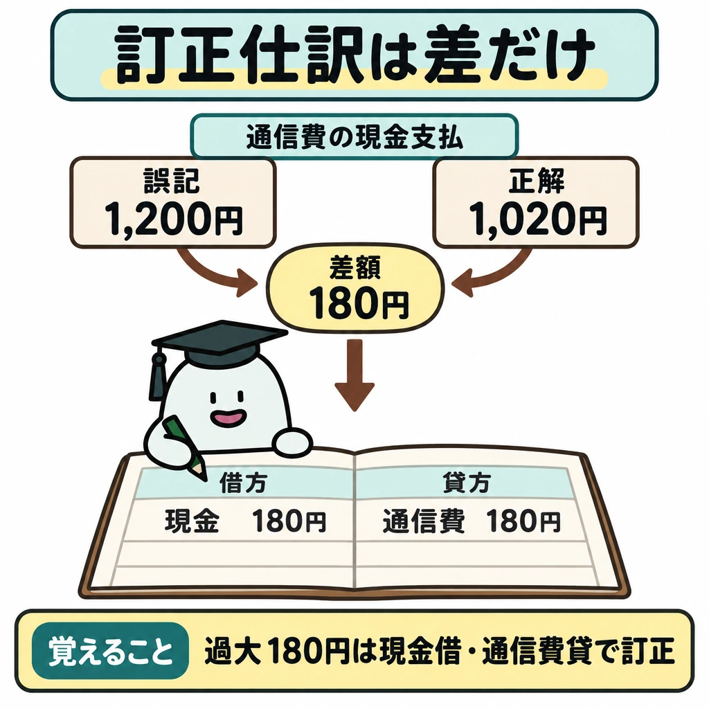 訂正仕訳は誤記と正解の差だけの図解。上段に「通信費の現金支払」の誤記1,200円と正しい1,020円を並べ、両方から中央の「差額180円」へ矢印を向ける。そこから下段の訂正仕訳へ矢印を引き、借方「現金180円」・貸方「通信費180円」を左右に分けて示す。