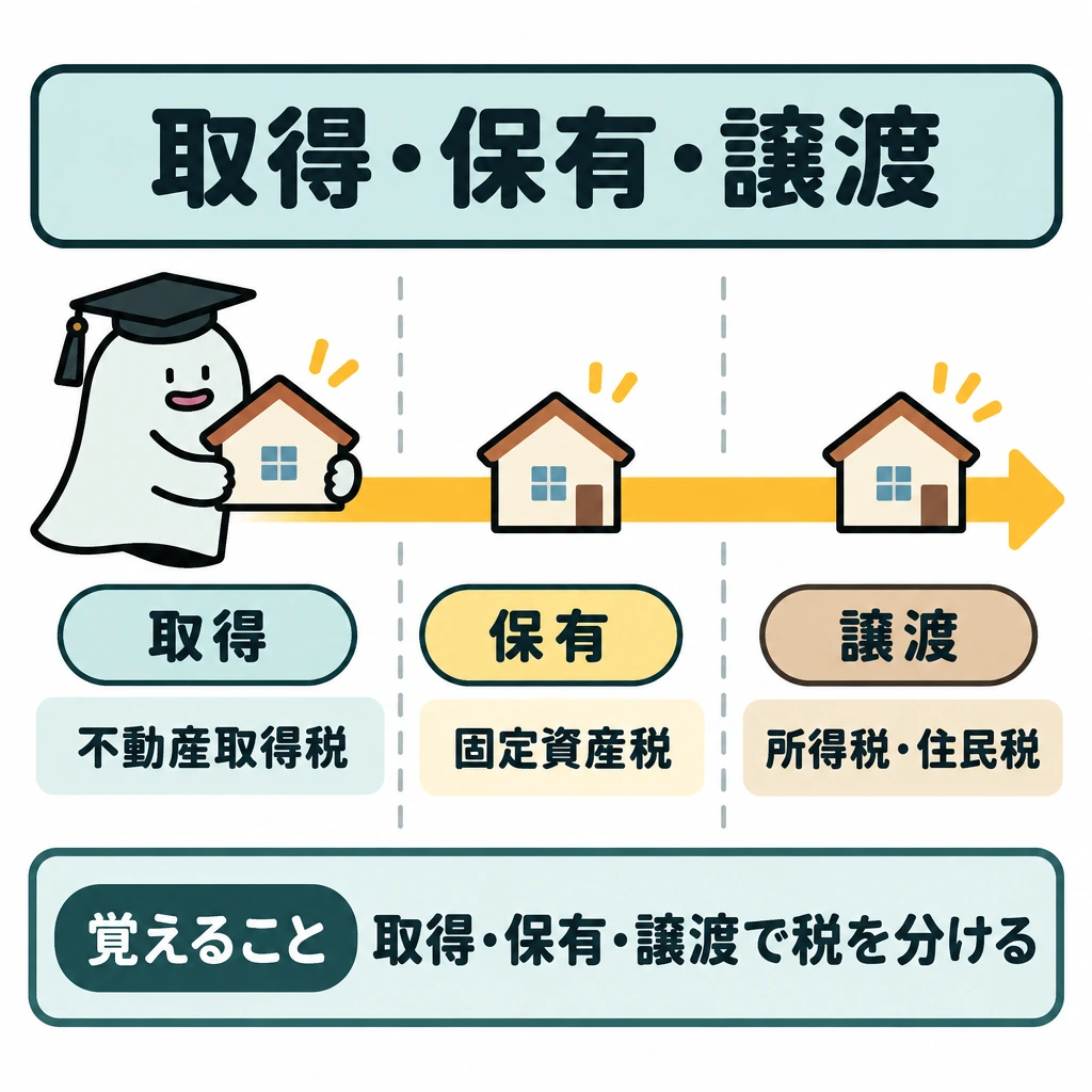 取得・保有・譲渡の税を分けるの図解。一軒の家を動かす横向きの矢印を中央に置き、仕切り線で「取得→保有→譲渡」の順に分ける。各段階の下に、そのとき検討する税目の代表例を一つずつ配置する。