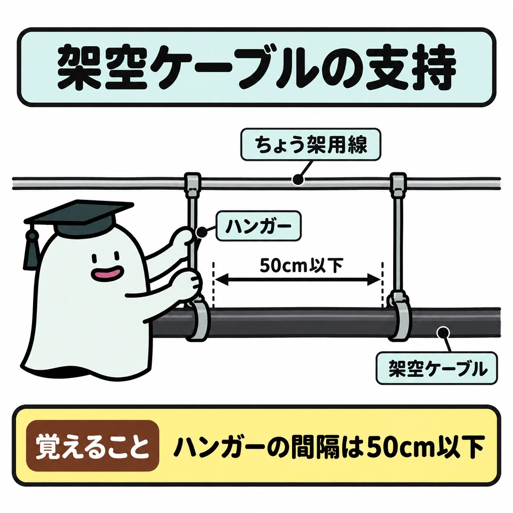 ケーブルと架空引込の支持の図解。上にちょう架用線、下に架空ケーブルを水平に描き、両者をハンガーでつなぐ。隣り合うハンガーの間に両矢印を置き、「50cm以下」と示す。