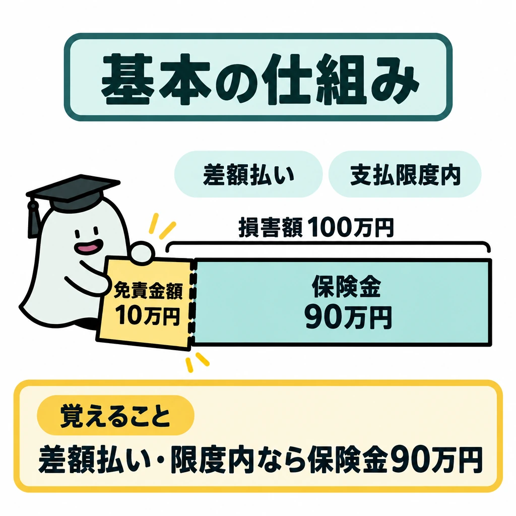 基本の仕組みの図解。中央に損害額100万円の帯を置き、左端の10万円を免責金額、残る90万円を保険金として仕切る。帯の上に「差額払い」「支払限度内」を条件として並べる。