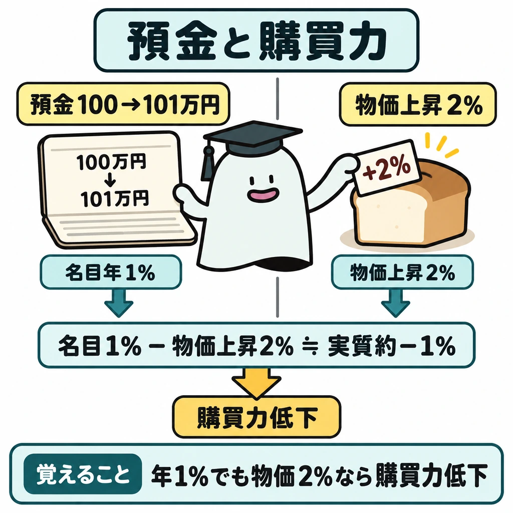 基本の仕組みの図解。左に「100万円→101万円」の預金通帳、右に価格が2%上がった同じ品物を置き、縦線で仕切って対比する。両側から下向きの矢印を伸ばし、「名目1%−物価上昇2%≒実質−1%」を経て購買力低下につなぐ。