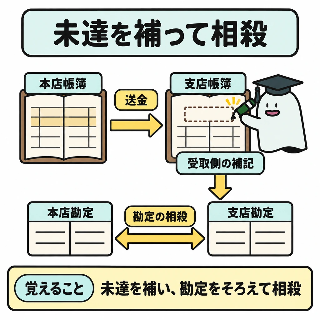本支店の未達を解消してから合併するの図解。左に送金を記帳済みの本店帳簿、右に未記帳の支店帳簿を並べ、左から右へ送金の矢印を引く。右の帳簿への補記から下向き矢印をつなぎ、対応がそろった本店勘定と支店勘定を相殺する順序を示す。