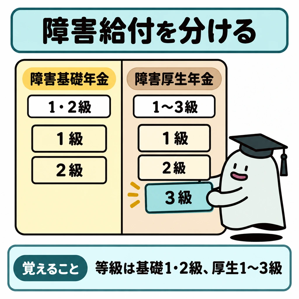 老齢・障害・遺族の給付を分けるの図解。正方形の中央を縦線で二分し、左に障害基礎年金の「1・2級」、右に障害厚生年金の「1〜3級」を並べる。エルくんは右側の列に「3級」の札を差し込み、基礎年金には3級の枠を設けない。