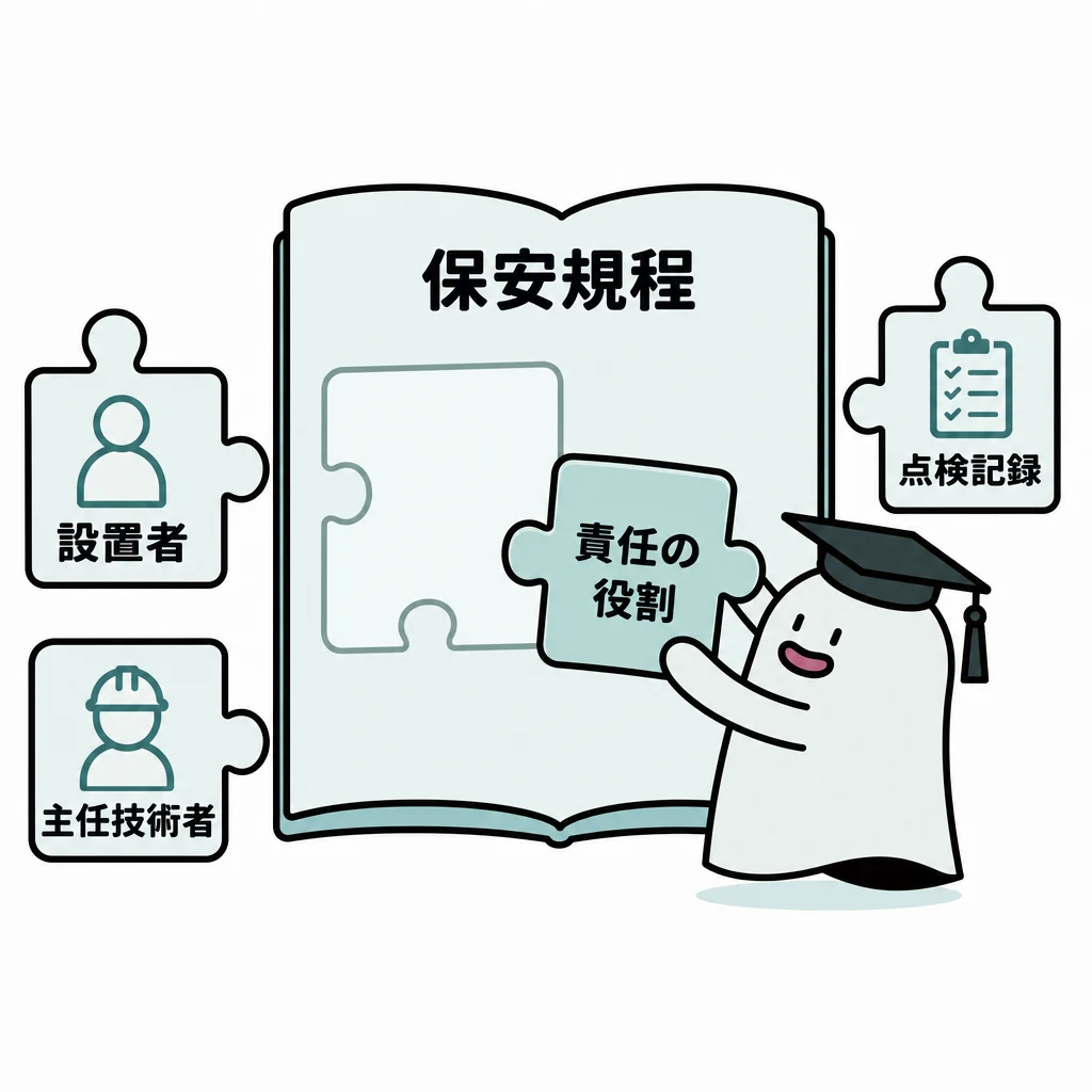 保安規程の冊子へ責任の役割のパズルをはめ、設置者・主任技術者・点検記録との関係を示す図。