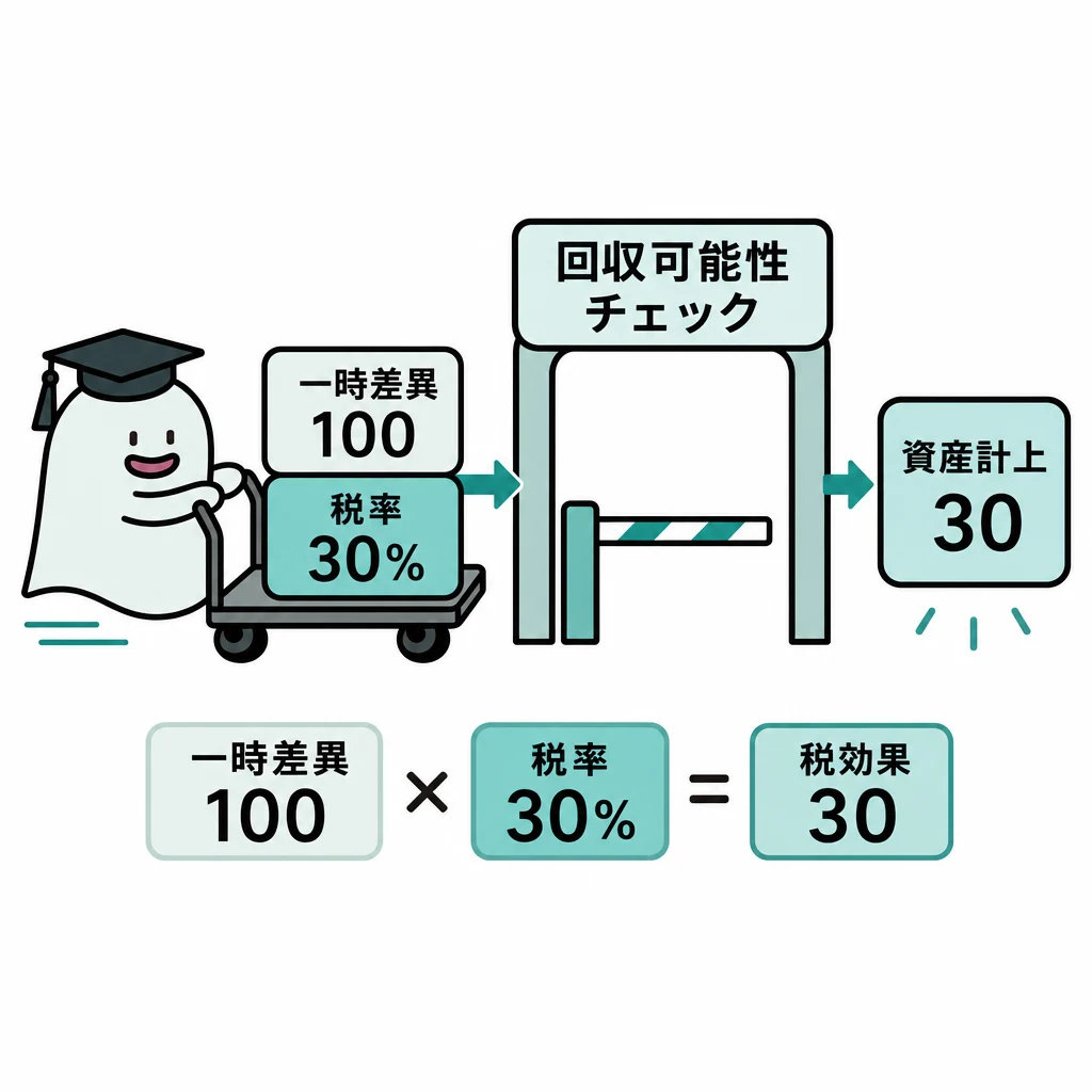 エルくんが説明する図解。一時差異100×税率30%=30、回収可能性チェックを経て資産計上。