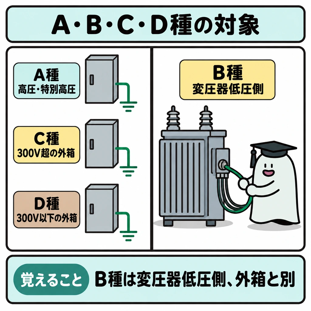 A・B・C・D種の対象の図解。正方形の図を太い縦仕切りで分け、左にA・C・D種の金属外箱を縦に並べ、右にB種の変圧器低圧側を大きく描く。A種は高圧・特別高圧、C種は300V超、D種は300V以下の機器に対応させ、B種だけが外箱の接地と異なることを示す。
