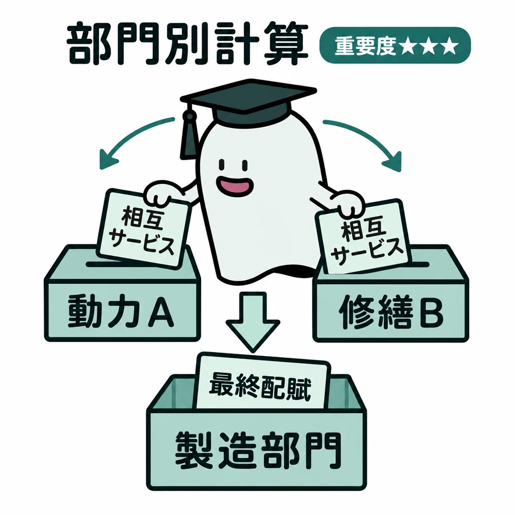 エルくんが説明する図解。動力A↔修繕Bの双方向矢印と製造部門への最終配賦。