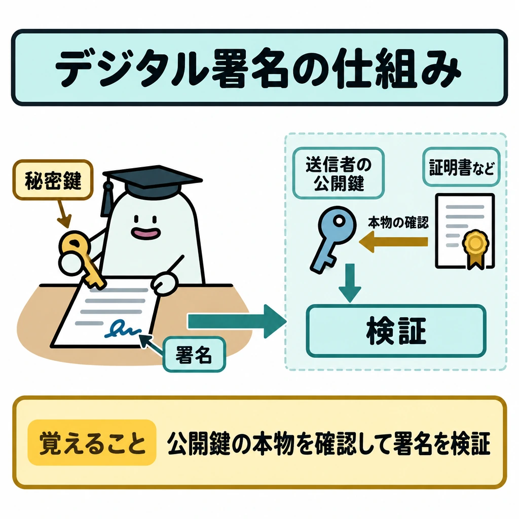 基本の仕組みの図解。左でエルくんが秘密鍵を使って文書に署名を付け、文書から右の受信者側の検証枠へ矢印を引く。検証枠では対応する送信者の公開鍵で署名を検証し、証明書などから公開鍵へ「本物の確認」を示す小矢印を引く。
