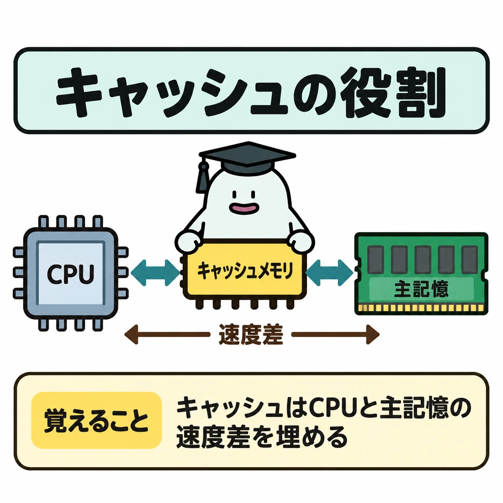 記憶とソフトウェアの階層の図解。左にCPU、右に主記憶を置き、速度差を示す中央の隙間にキャッシュメモリを配置する。CPU↔キャッシュメモリ↔主記憶を横一直線の双方向矢印でつなぐ。