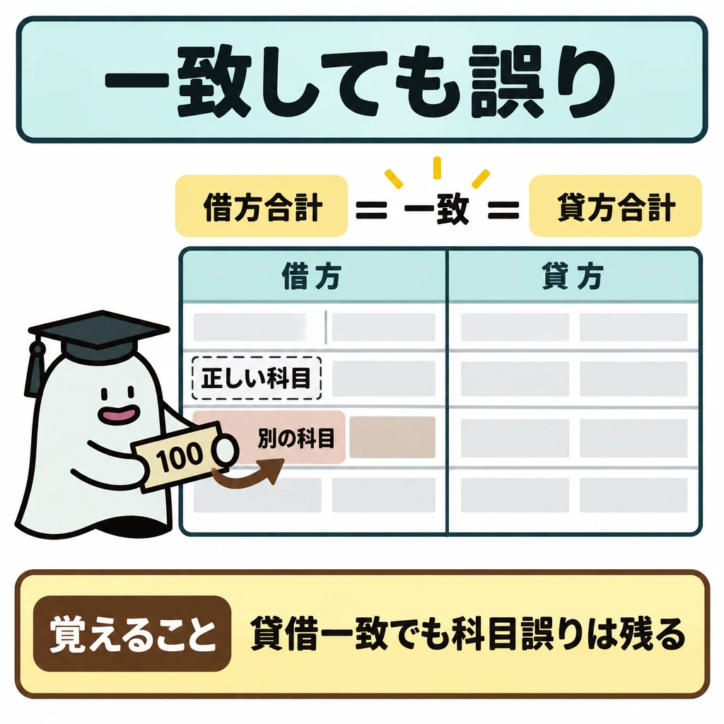 一致が示すことと示さないことの図解。中央の試算表を縦線で借方合計と貸方合計に分け、上部に両者の一致を示す。借方側の下部では、同じ金額の記入票が「正しい科目」ではなく「別の科目」に入る様子を描き、合計が一致しても科目の誤りは残ると示す。
