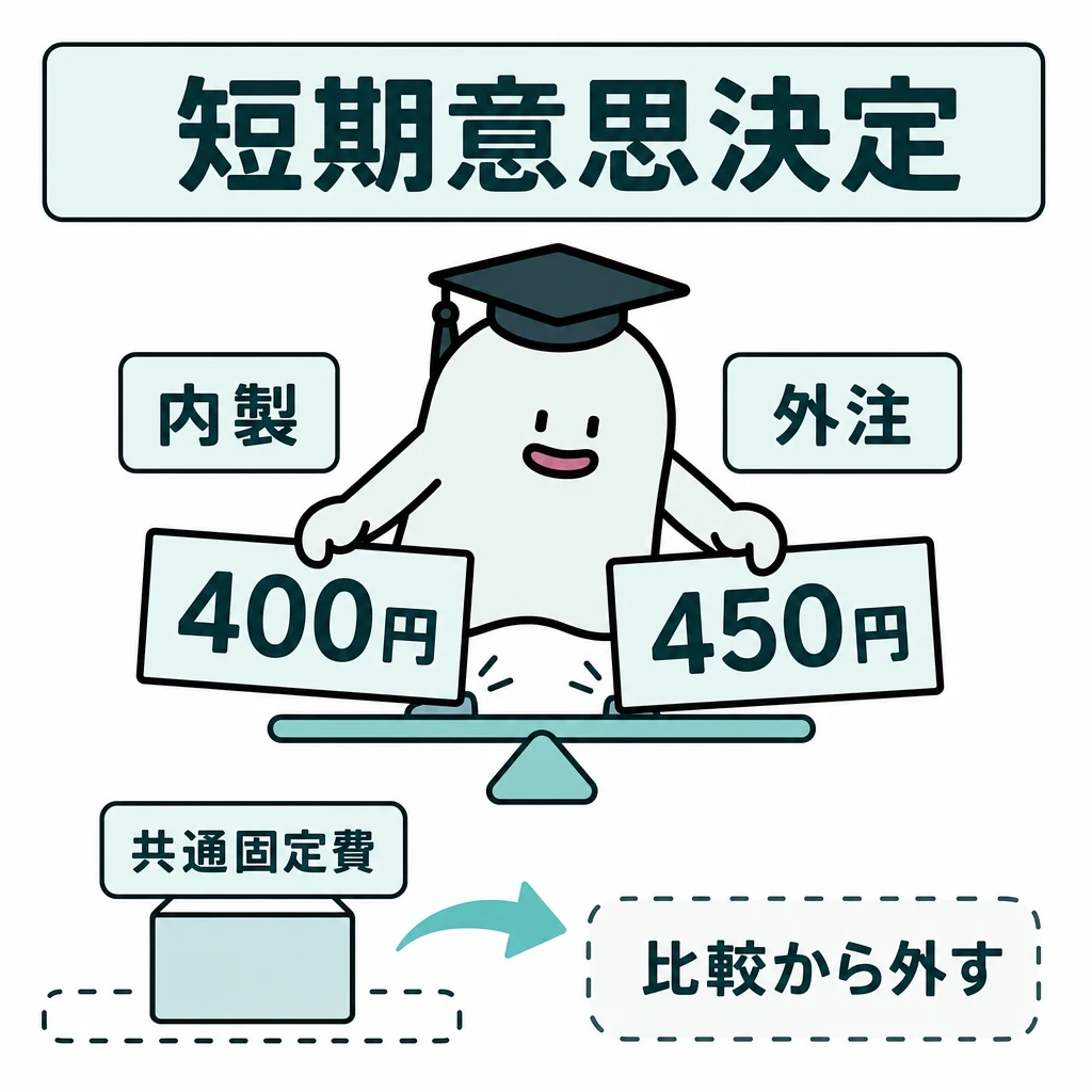 エルくんが説明する図解。内製追加400/外注450を比較し共通固定費は比較から外す。