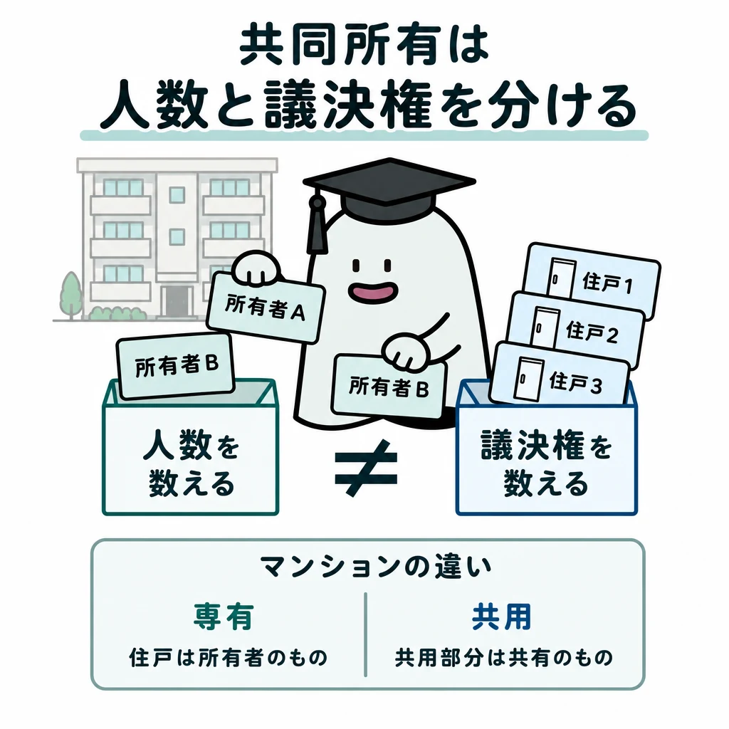 マンションの専有・共用の違いと、共同の決定で人数と議決権を確認する図