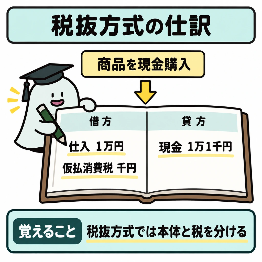 基本の仕組みの図解。正方形の中央に仕訳帳を大きく置き、縦線で左の借方と右の貸方を分ける。上の「商品を現金購入」から下向きの矢印を引き、借方に仕入1万円と仮払消費税千円、貸方に現金1万1千円を記す。