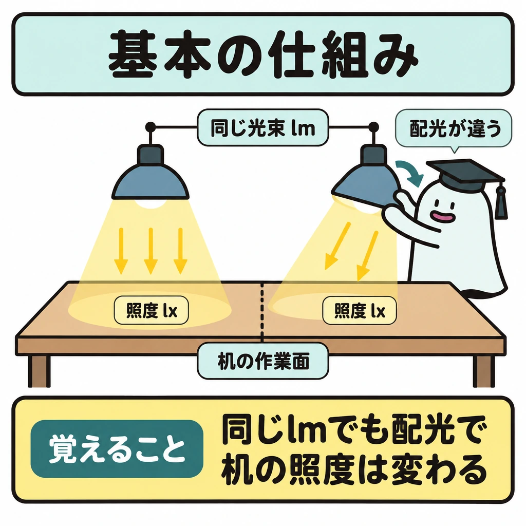 基本の仕組みの図解。1枚の机の作業面を点線で左右に分け、上に同じ光束lmの照明を1台ずつ置く。左は光が机へ向かい、右は配光が異なって机に届く光が変わる様子を、光の向きと照度lxのラベルで示す。