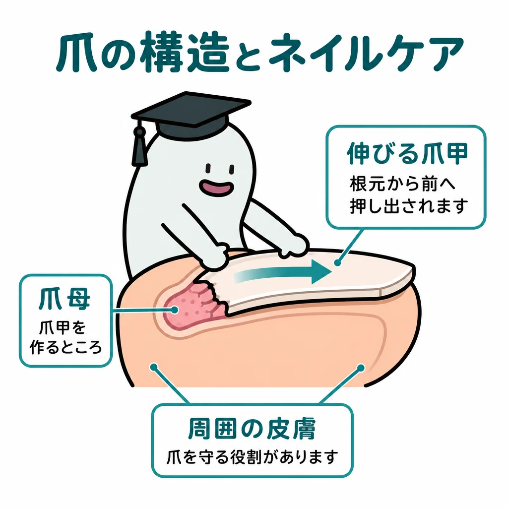エルくんが説明する図解。爪の側断面に爪母→伸びる爪甲の矢印、周囲皮膚を保護。