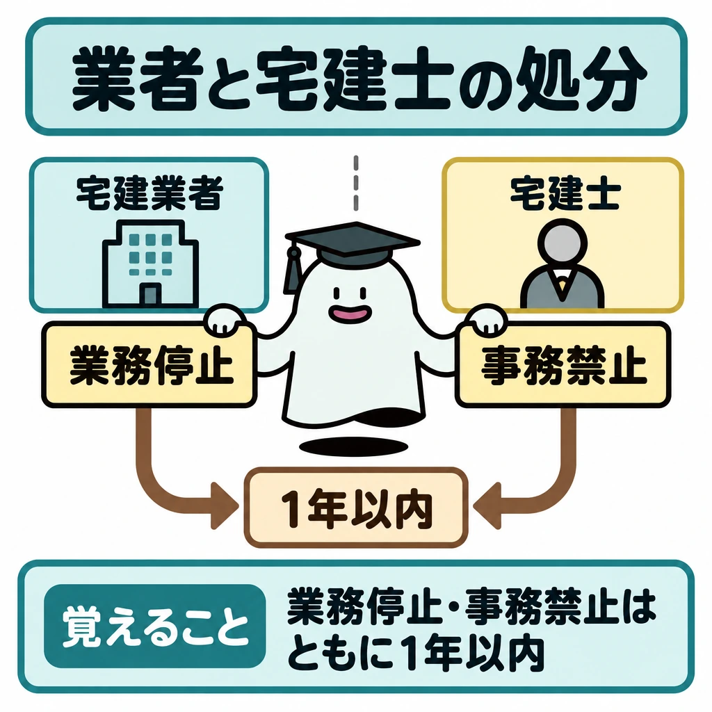 業者と宅建士の監督処分の図解。中央に縦の仕切りを置き、左を宅建業者の「業務停止」、右を宅建士の「事務禁止」として対比する。両方の処分から下向きの矢印を共通の「1年以内」へつなぐ。