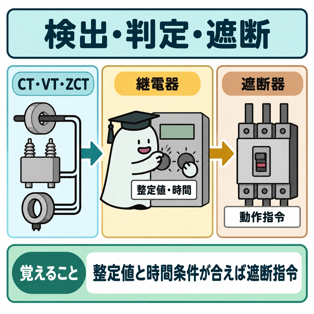 検出・判定・遮断の三段階の図解。正方形の図を左から右へ三段に区切り、CT・VT・ZCTからの計測量→継電器での整定値・時間条件の判定→遮断器への動作指令を矢印でつなぐ。条件を満たしたときだけ、右向きの指令矢印が進む形にする。