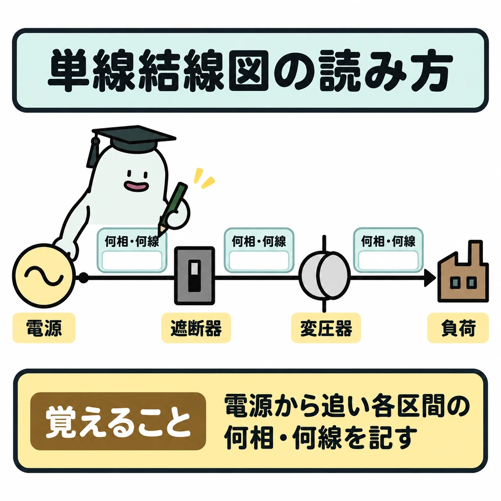 基本の仕組みの図解。中央に電源→遮断器→変圧器→負荷を左から右へ一本の線と矢印で配置する。機器間の各区間には「何相・何線」を確認する空欄を置き、具体的な数値は入れない。