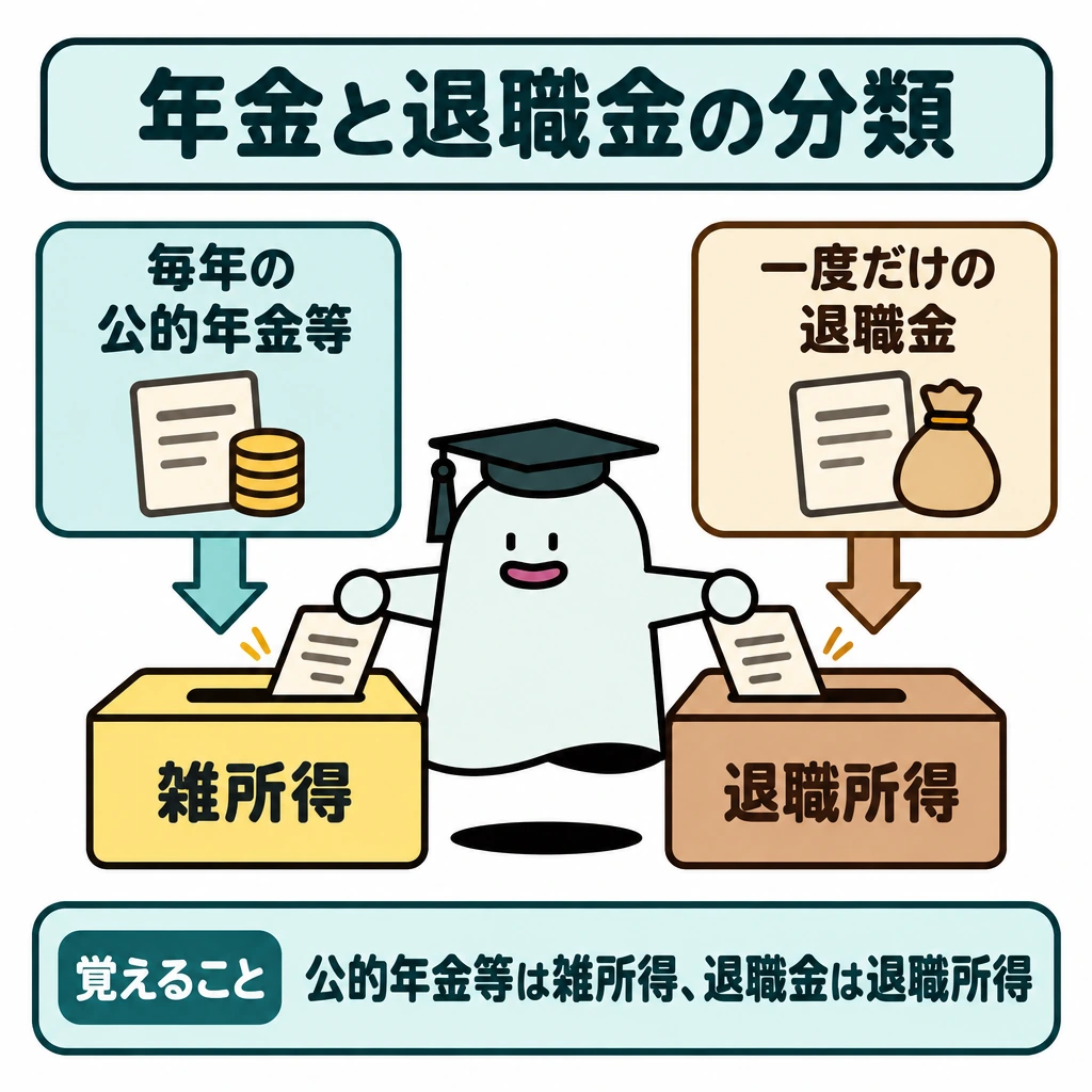 基本の仕組みの図解。画面を縦に二分し、左に毎年受け取る公的年金等、右に一度だけ受け取る退職金を置く。それぞれ下向きの矢印で、左は「雑所得」、右は「退職所得」の箱につなぐ。