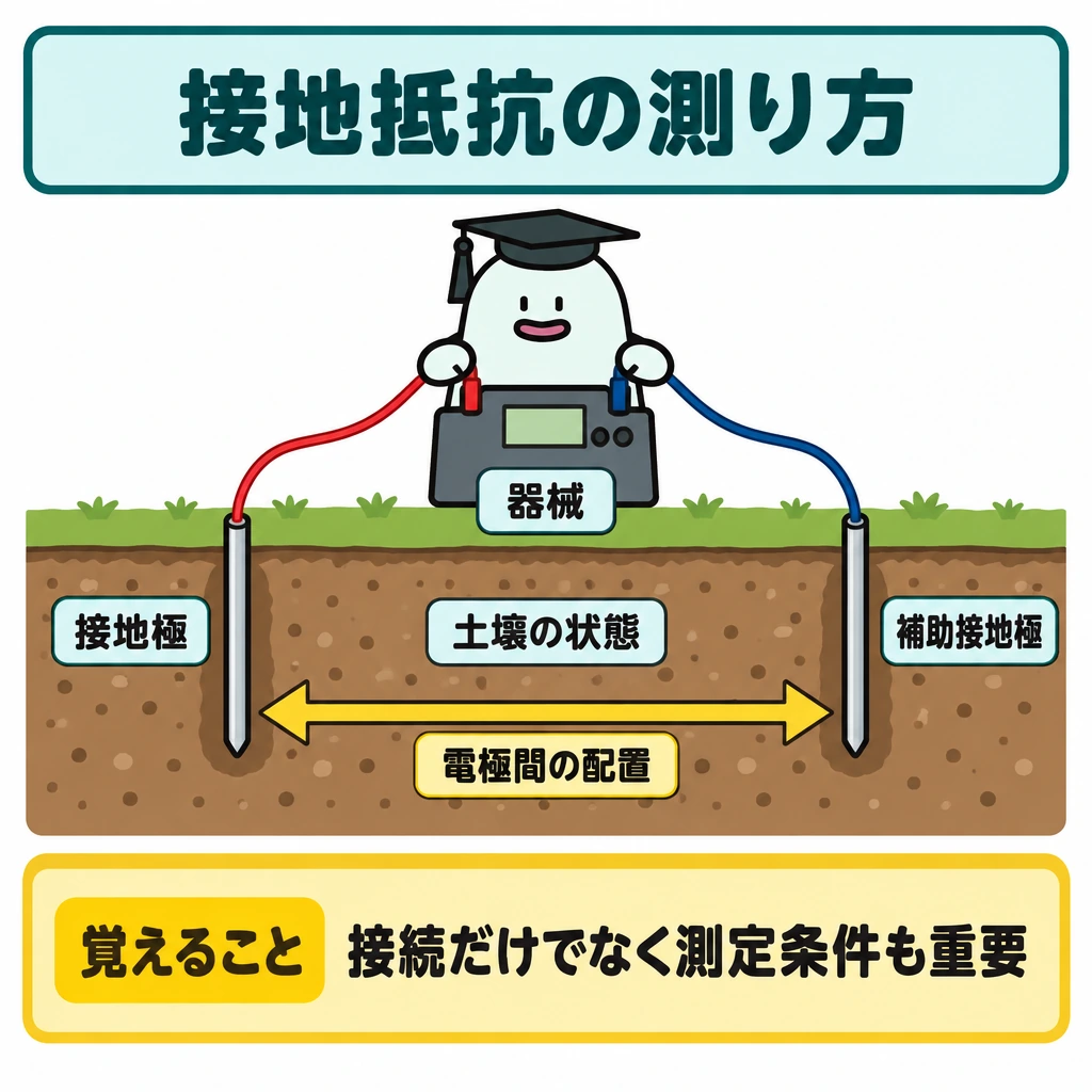基本の仕組みの図解。中央に土壌の断面を描き、左の接地極と右の補助接地極を地中に配置する。両極から地上の器械へ線をつなぎ、極の間に両矢印を置いて電極間の配置が測定結果に影響することを示す。