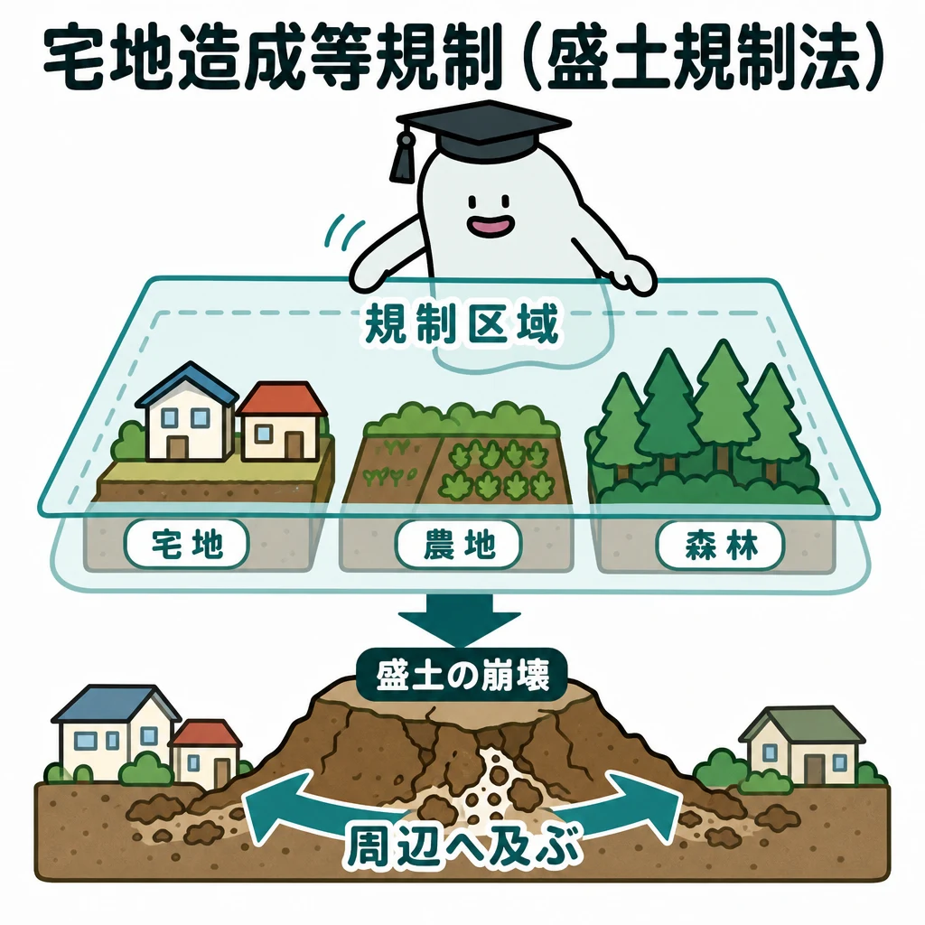 エルくんが説明する図解。宅地/農地/森林の下に共通の規制区域枠、盛土崩壊が周辺へ及ぶ図。