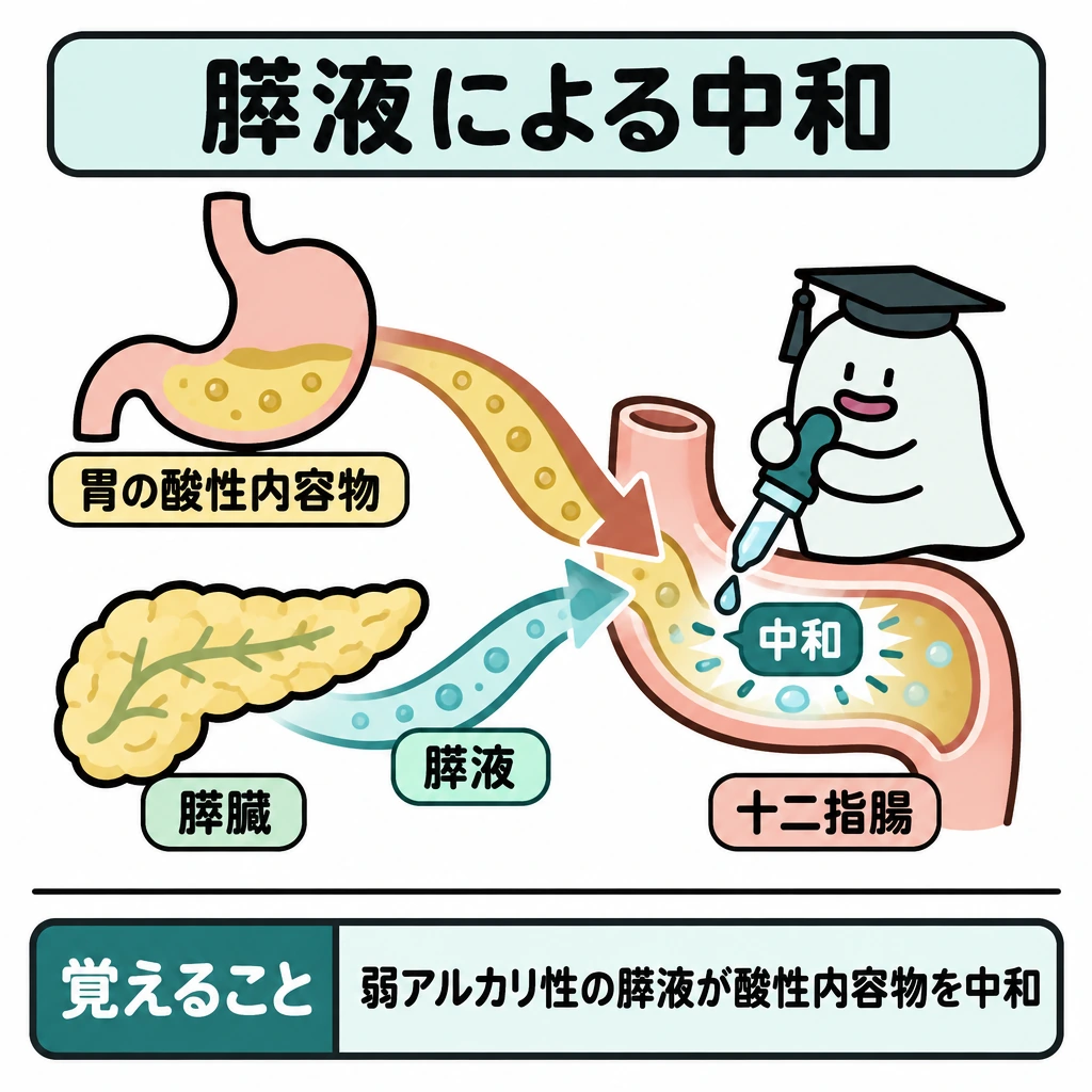器官ごとの消化・吸収・代謝の図解。左上に胃、左下に膵臓、右に十二指腸を配置する。胃からの酸性内容物と膵臓からの膵液を矢印で十二指腸へ導き、合流点に「中和」を示す。下部の「覚えること」欄は横線で仕切る。