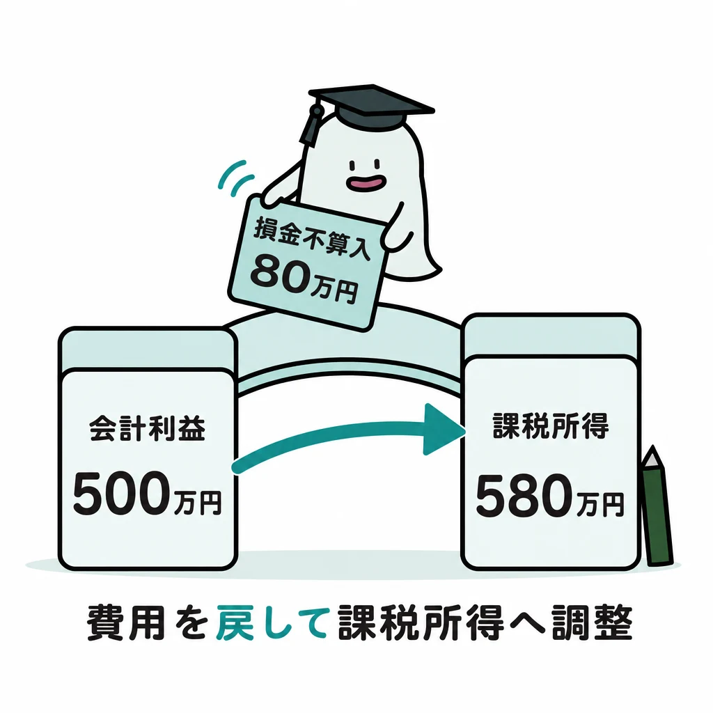 会計利益に損金不算入項目を加算して課税所得へ調整する橋の図