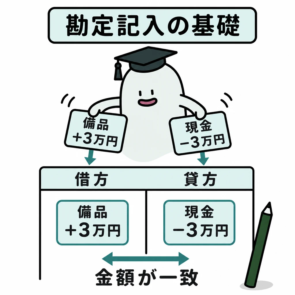 備品3万円の購入により備品が増え現金が減る関係を示す図。仕訳は借方備品3万円、貸方現金3万円となる。