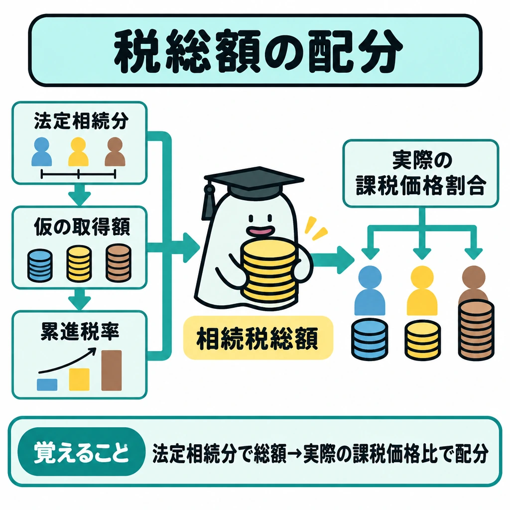税総額から各人の納付額までの図解。左に「法定相続分で仮に取得→各人に累進税率を適用」の流れを置き、矢印を中央の相続税総額に集める。中央から右へ矢印を伸ばし、実際の課税価格の割合に応じて各人へ配分する図にする。