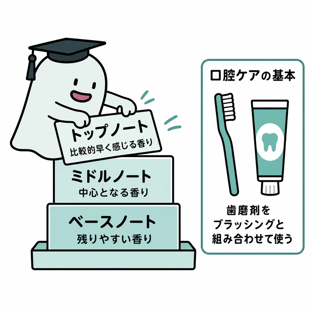 トップ・ミドル・ベースの順に香りの札を積み、別枠で歯ブラシと歯磨剤の併用を示す図。