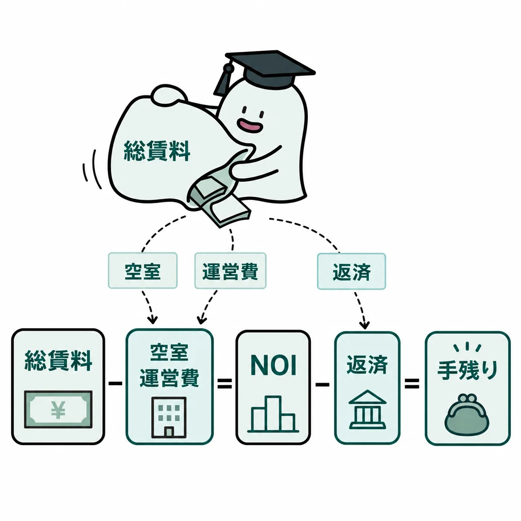 総賃料から空室・運営費を引いてNOI、さらに返済を引いて手残りへ進む図