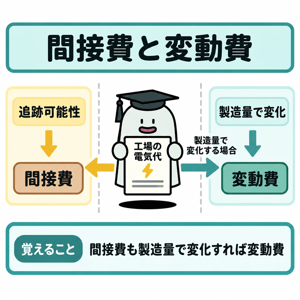 基本の仕組みの図解。中央の「工場の電気代」から左右に矢印を伸ばし、縦の仕切りで分けた左側に「追跡可能性→間接費」、右側に「製造量で変化→変動費」を配置する。右の矢印には「製造量で変化する場合」という条件を添える。