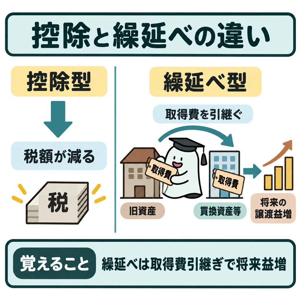 相続・事業用・収用等の特例を比べるの図解。中央の縦線で左右に分け、左は「控除型」から「税額が減る」へ下向き矢印を描く。右は旧資産から買換資産等へ取得費が移り、将来の売却時に譲渡益が大きくなる流れを右向き矢印で示す。