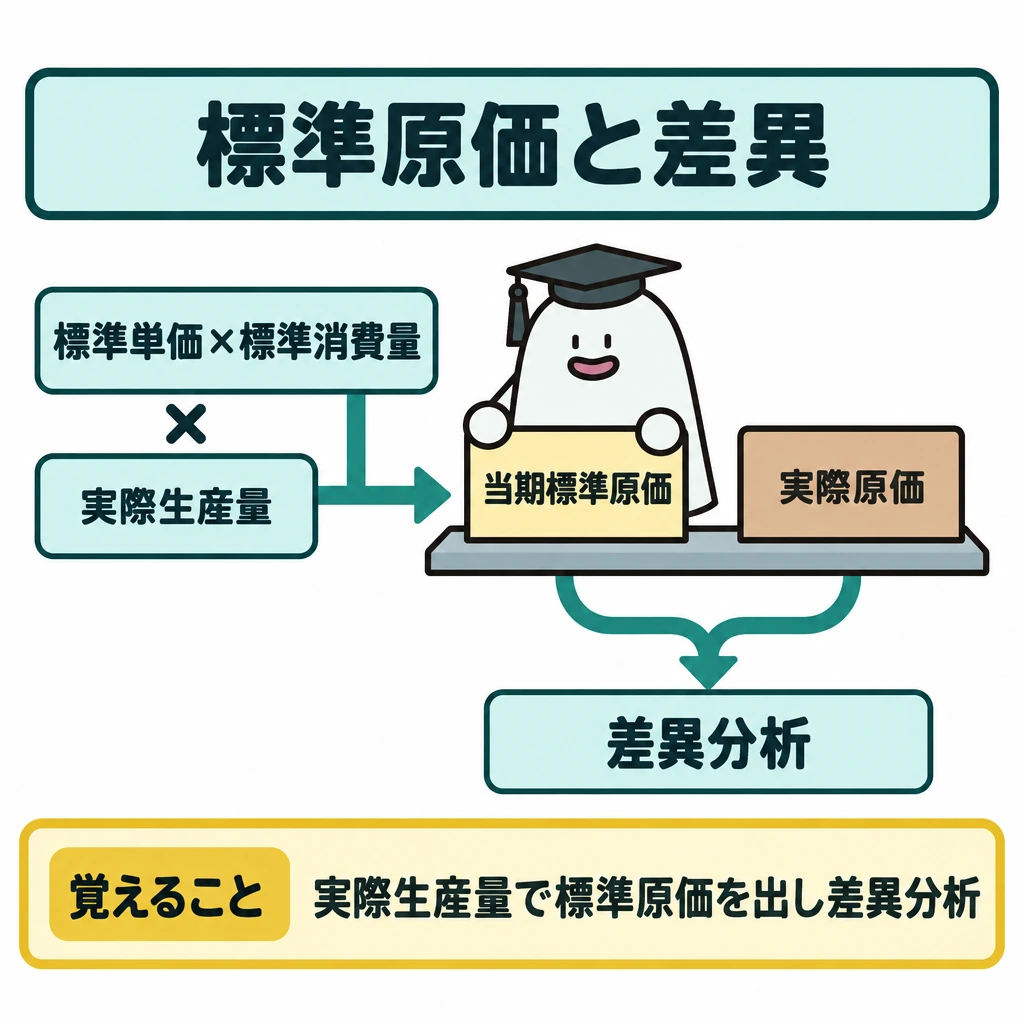 原価標準から差異分析への図解。上段左の「標準単価×標準消費量」に「実際生産量」を掛ける矢印をつなぎ、中央に「当期標準原価」を置く。中央の当期標準原価と右の「実際原価」から、下段の「差異分析」へ矢印を集める。