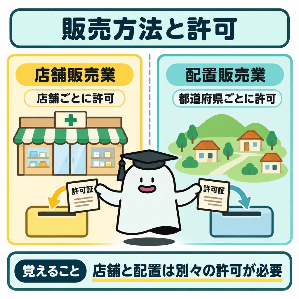 基本の仕組みの図解。画面を縦に二分し、左に店舗販売業の店舗、右に配置販売業の区域を描く。それぞれの許可から対応する販売方法へだけ矢印を引き、中央の仕切りで許可を共用できないことを示す。