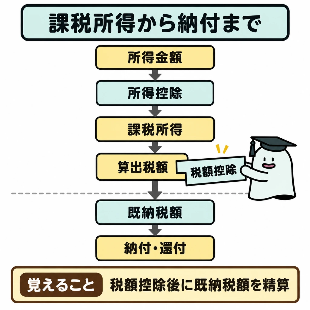 課税所得から納付額までの図解。中央に縦一列の流れを置き、所得金額から所得控除を引いて課税所得へ、税率を適用して算出税額へと下向き矢印でつなぐ。算出税額から税額控除を引く段と、既納税額を精算して納付・還付に至る段を横線で仕切る。
