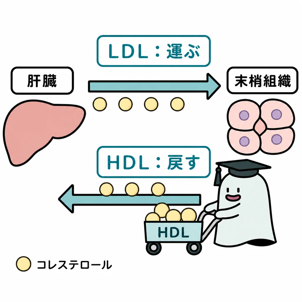 エルくんがHDLの回収台車でコレステロールを末梢組織から肝臓へ戻し、LDLの配送方向と比較する図。