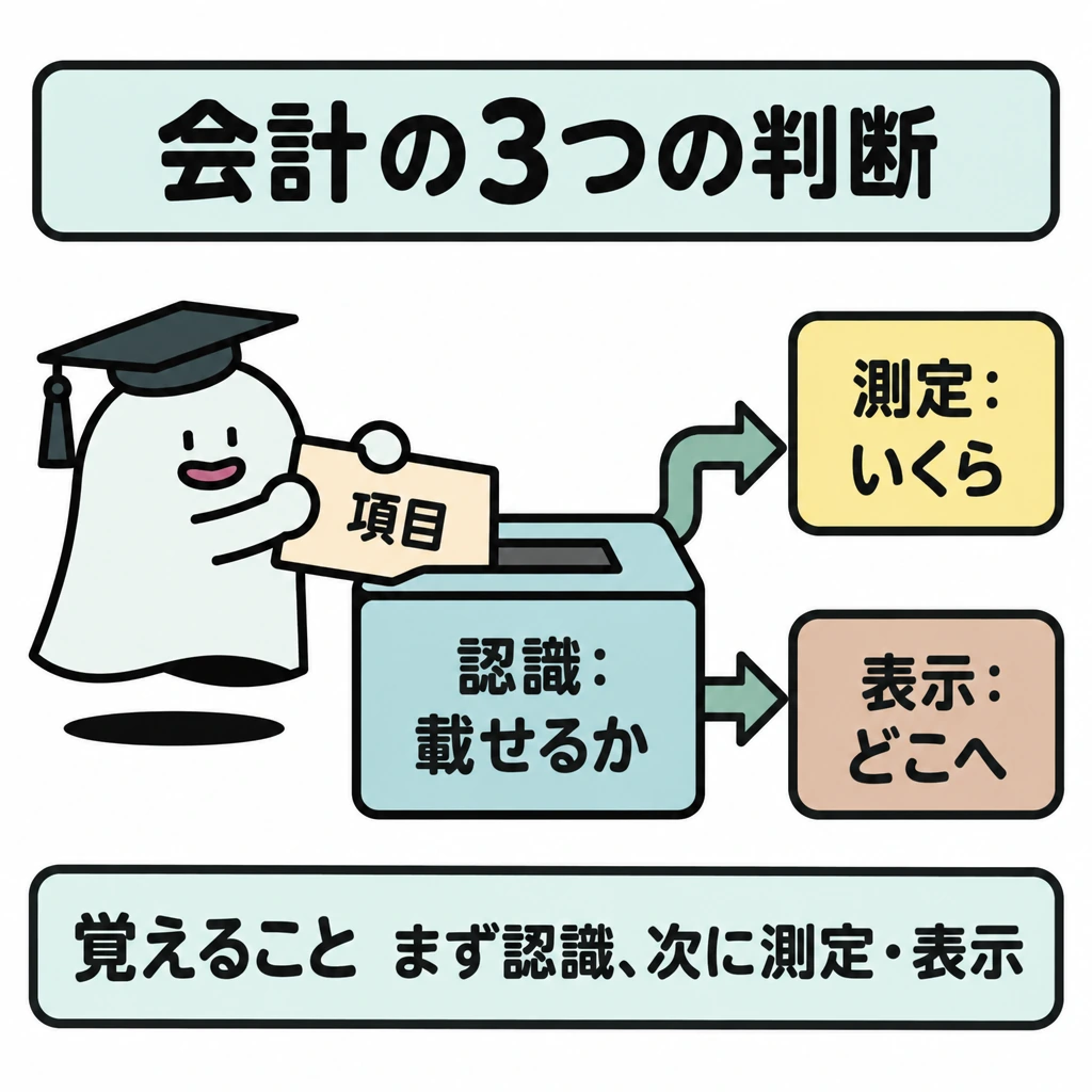 基本の仕組みの図解。左の「項目」から中央の「認識:載せるか」へ矢印を引き、その先を上下に分けて「測定:いくら」と「表示:どこへ」につなぐ。測定と表示の間には矢印を引かず、別々の判断として示す。