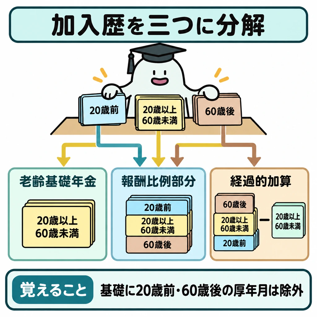 加入歴を三つの計算に分解の図解。上部の加入歴を「20歳前/20歳以上60歳未満/60歳後」に区切り、下の三段へ矢印で振り分ける。基礎年金には原則20歳以上60歳未満の納付・免除等の月数、報酬比例部分には厚生年金の報酬と加入月数をつなぎ、経過的加算には厚生年金の定額部分相当額から対応する基礎年金相当額を引く矢印を描く。