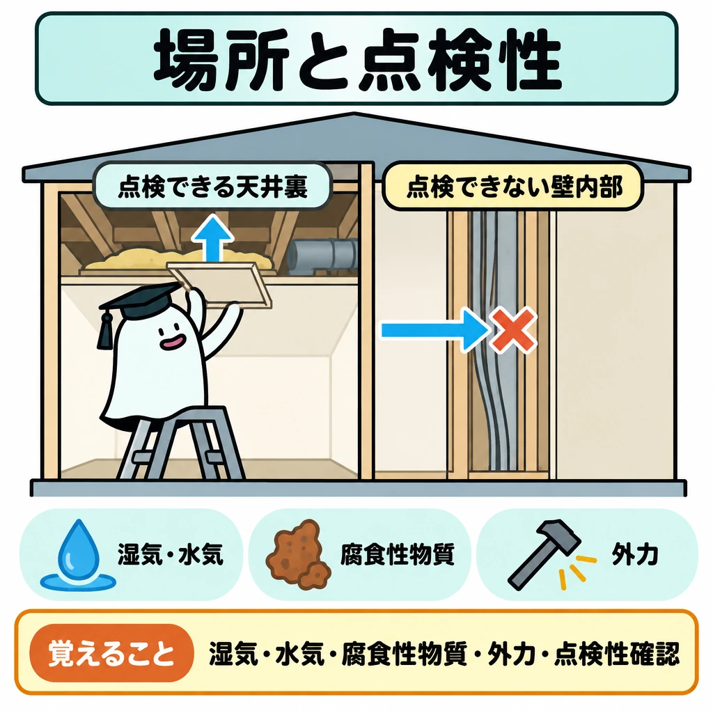 基本の仕組みの図解。一つの建物の断面を左右に分け、左に点検できる天井裏、右に点検できない壁内部を描く。左は開いた点検口から天井裏へ矢印を通し、右は壁面で矢印を止め、下段に両方で確認する湿気・水気、腐食性物質、外力を並べる。