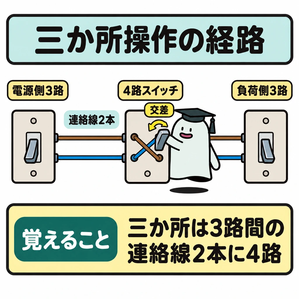2点・3点以上の切替を図で追うの図解。左に電源側の3路、中央に4路、右に負荷側の3路を一列に置き、各スイッチ間を二本の連絡線で結ぶ。中央の4路は、二本を交差して通す状態だけを実線で示す。