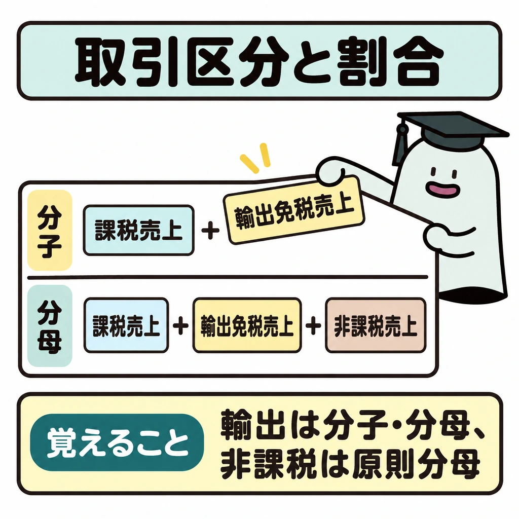取引区分・納税義務・仕入控除の図解。中央に横線で仕切った課税売上割合の図を置き、上段の分子に「課税売上」「輸出免税売上」、下段の分母にこの2つと「非課税売上」を並べる。